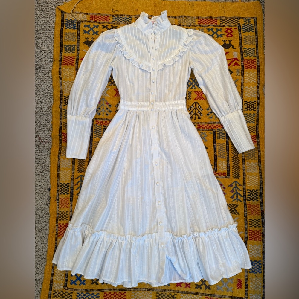 1970’s Vintage Victorian Revival White Ruffle-Trim Button-Front Dress